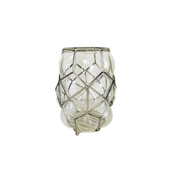 Vintage 30s Art Deco Caged Blown Bubble Glass Footed Vase Lantern Candle Holder - Picture 9 of 12